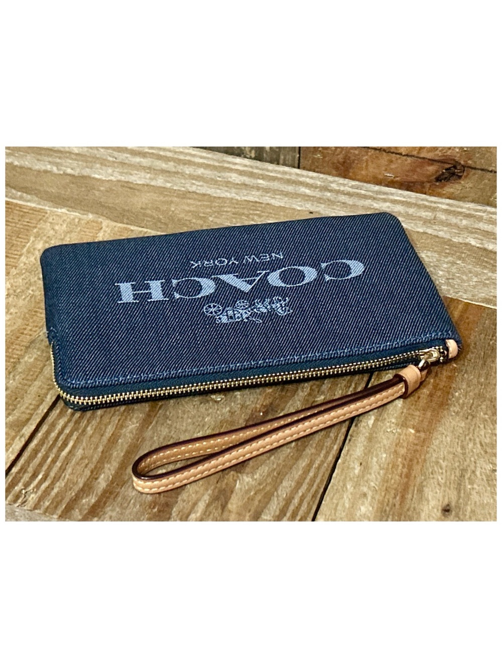 Coach Denim and Leather Large Signature Corner Zip Wristlet. - Picture 8 of 14